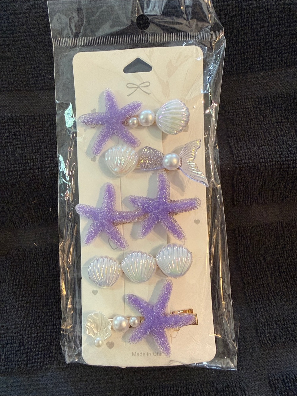 Girls Lavender Starfish & Shell Hair Clip Set with Pearls